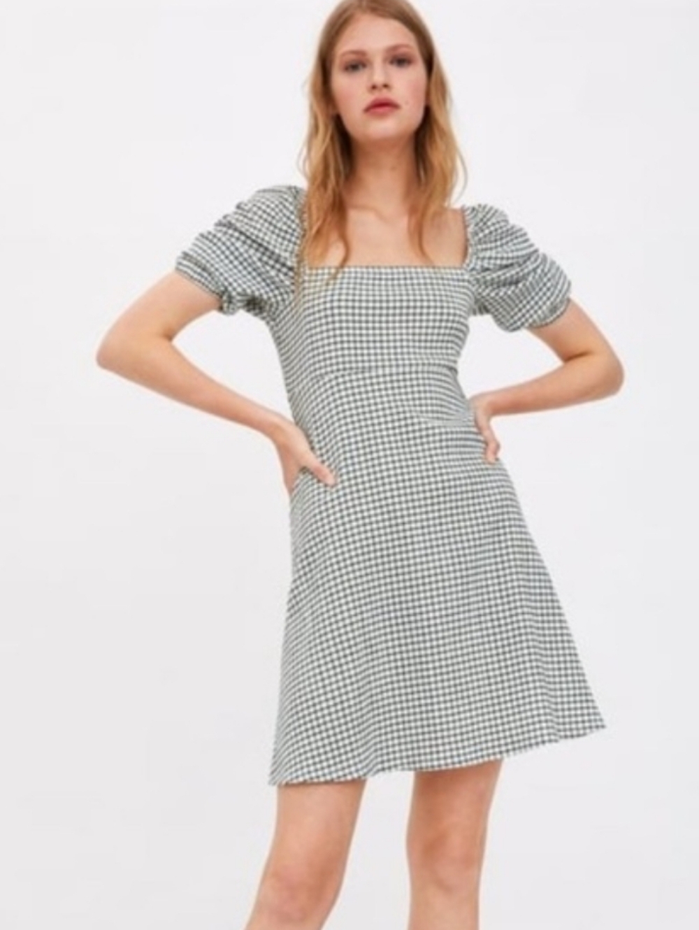 Zara Black & White Gingham Puff-Sleeve Square-Neck Mini Dress